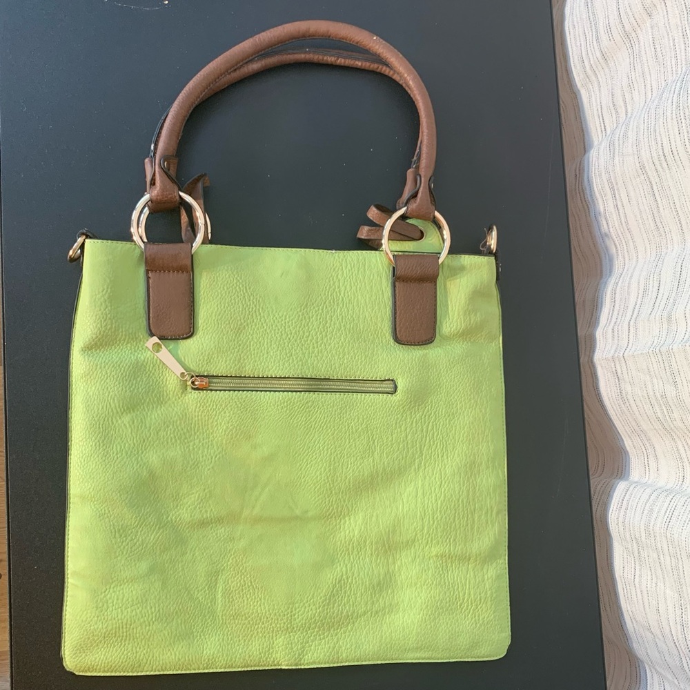 Stylish “Dirty” Lime Green Leather Bag with Brown Leather Accents.